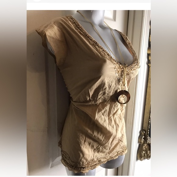 NWT $68 Bloomingdales  Abby Z Tan Peasant Boho Top-Plus size 1X-Beaded Tie Waist - Picture 3 of 11